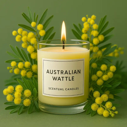 Candle labeled 'Australian Wattle Scented' surrounded by yellow flowers on a green background
