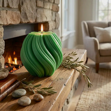 Ball Candle in green, sculptural design on wooden table near fireplace; perfect for home decor.