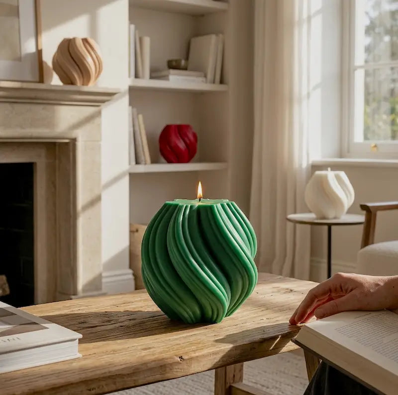 Ball Candle in green color lit on a wooden table, showcasing its unique sculptural design in a stylish living room.