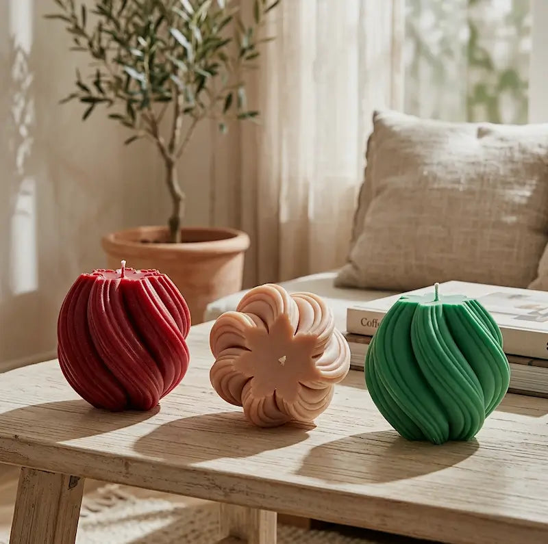 Ball Candle collection showcasing three customisable pillars in bold colors on a wooden table.
