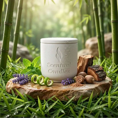 Bamboo Grass scented soy candle on a wood slice, surrounded by green bamboo and fresh herbs.