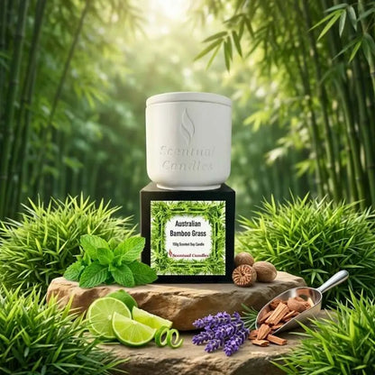 Bamboo Grass scented soy candle displayed amidst fresh bamboo and herbs creating a serene atmosphere.