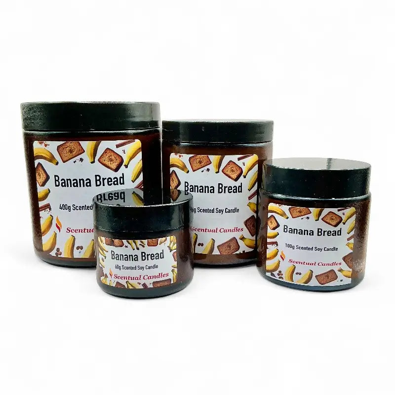 A set of Banana Bread Candle scented soy candles, capturing the warm aroma of fresh banana bread in various jar sizes.