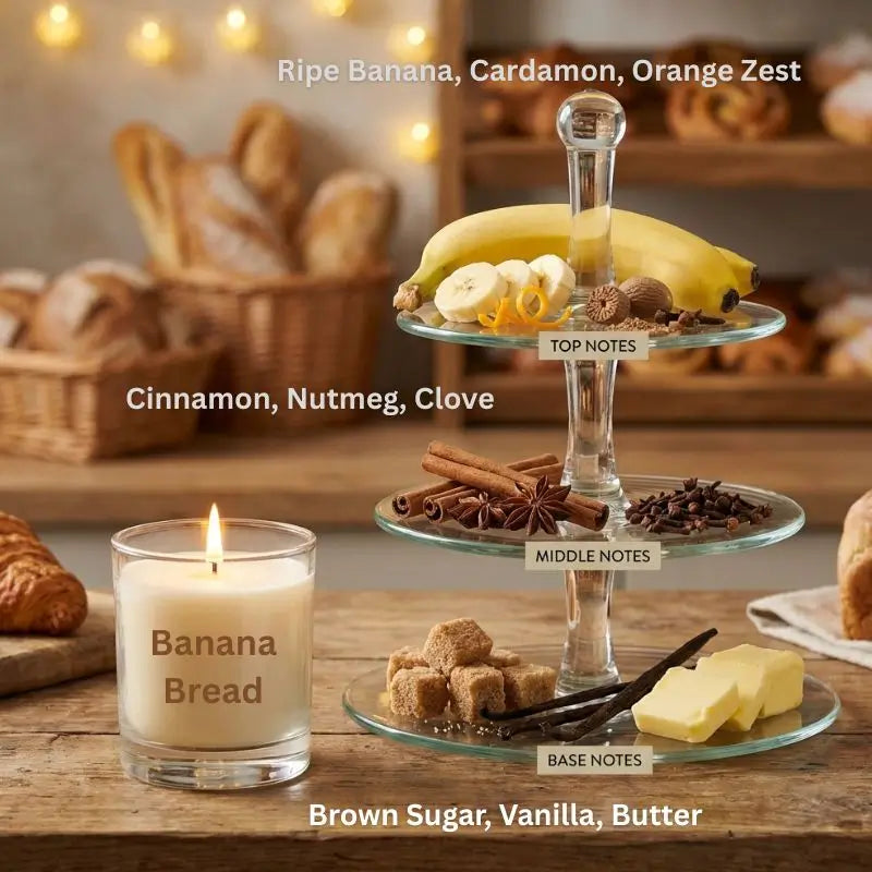 Warm and Spicy Scented Candles featuring Banana Bread scented candle with flavor notes on a decorative stand.