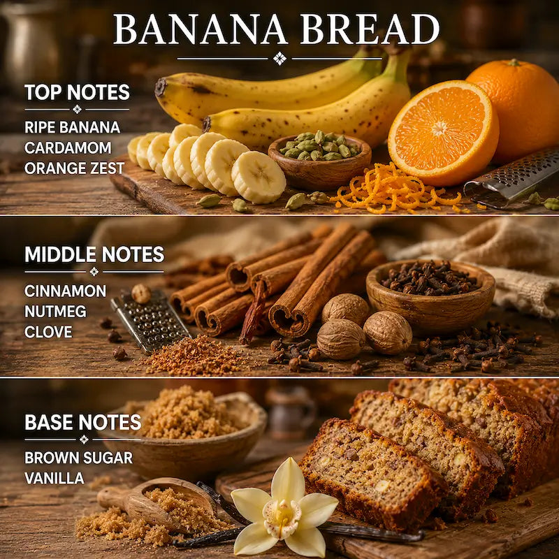 A three-panel fragrance profile graphic for Banana Bread candle notes. The top panel shows ripe bananas, an orange half, and citrus zest on a wooden board.
