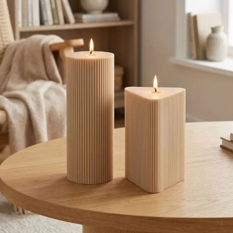 Geometric Pillar Candle Set featuring ribbed triangle and tall column on a wooden table.