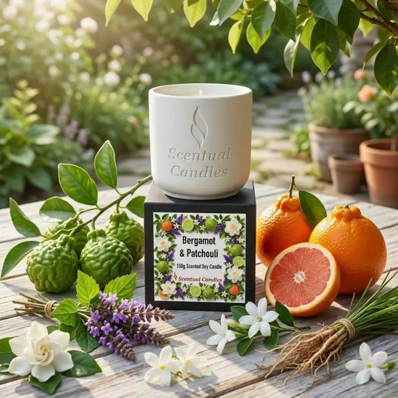 Bergamot Candle with Patchouli surrounded by fresh flowers and citrus fruits in a serene outdoor setting.