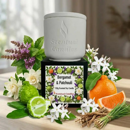 Bergamot Candle with Patchouli displayed with fresh flowers and citrus fruits, showcasing its natural ingredients and design.
