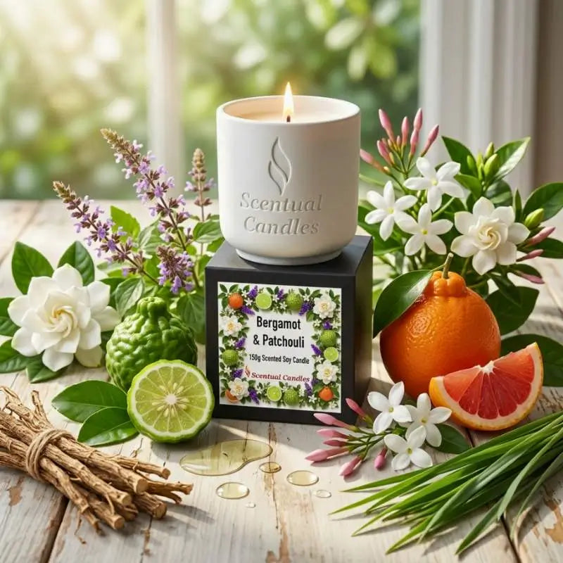 Bergamot Candle with Patchouli surrounded by fresh flowers, fruits, and greenery, showcasing a vibrant and aromatic experience.