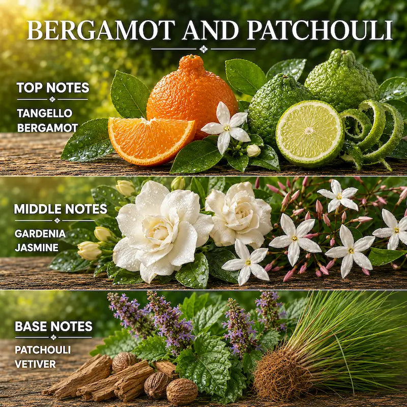 Bergamot Candle with Patchouli showcasing citrus and floral notes in a vibrant and earthy arrangement.