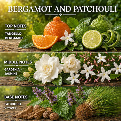 Bergamot Candle with Patchouli showcasing citrus and floral notes in a vibrant and earthy arrangement.