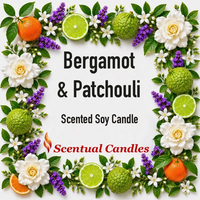 Bergamot Candle with Patchouli surrounded by flowers and citrus fruits, showcasing Scentual Candles' scented soy candle.