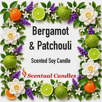 Bergamot Candle with Patchouli surrounded by flowers and citrus fruits, showcasing Scentual Candles' scented soy candle.
