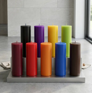 Big Candle display featuring assorted customizable colors and scents, arranged in a modern setting.