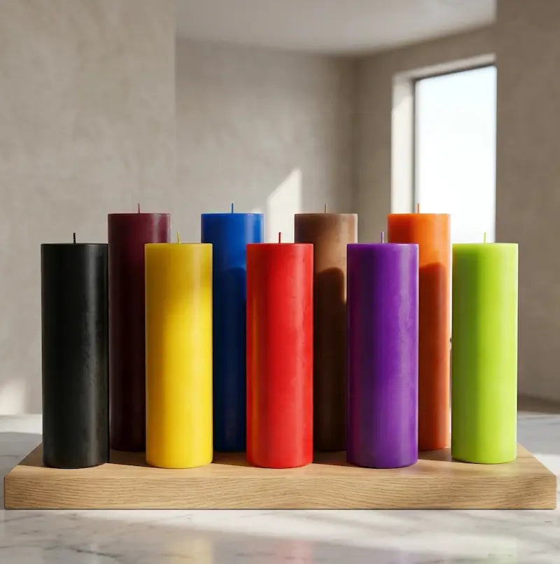 Big Candle in various customizable colors displayed on a wooden base, showcasing bold décor.