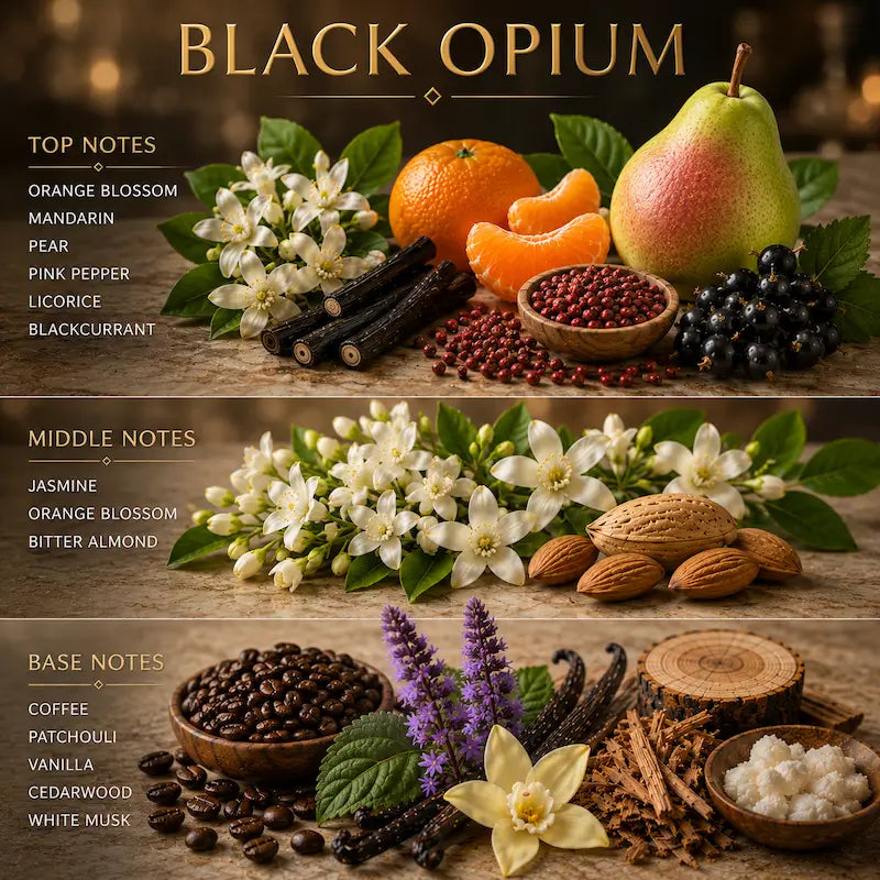 Black Opium Candle fragrance notes including top, middle and base notes like orange blossom, jasmine, and coffee.