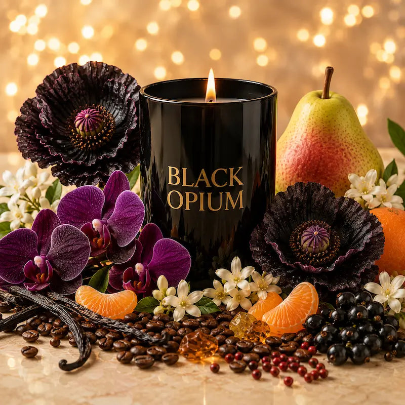 Black Opium Candle surrounded by flowers, fruits, and coffee beans in an elegant setting.