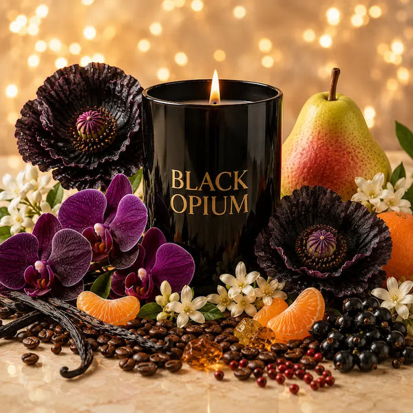 Black Opium Candle surrounded by flowers, fruits, and coffee beans in an elegant setting.