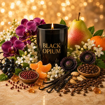 Black Opium Candle surrounded by flowers and fruits, showcasing its luxurious fragrance inspired by YSL.