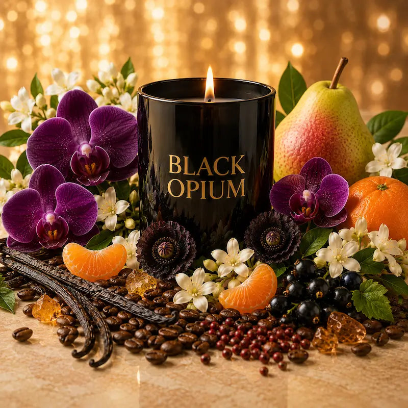 Black Opium Candle with vibrant flowers and fruits, showcasing elegance and luxury in home fragrance.