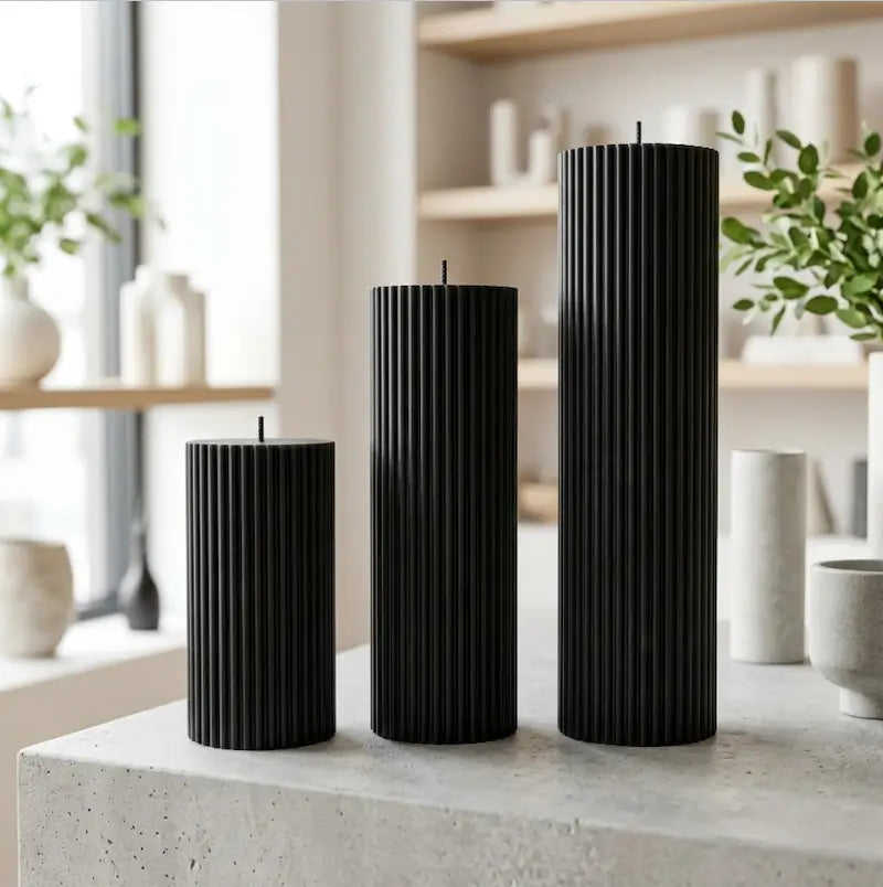 Ribbed Candles - Set of 3 Pillars in black with vertical ribbing, perfect for home decor and candle arrangements.