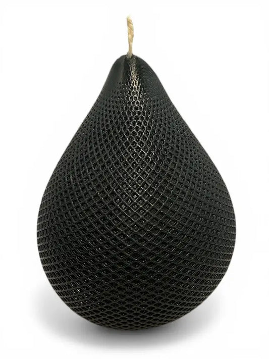 Black Water Drop Candle with geometric lattice pattern, featuring a teardrop shape for modern home decor with long-lasting fragrance.