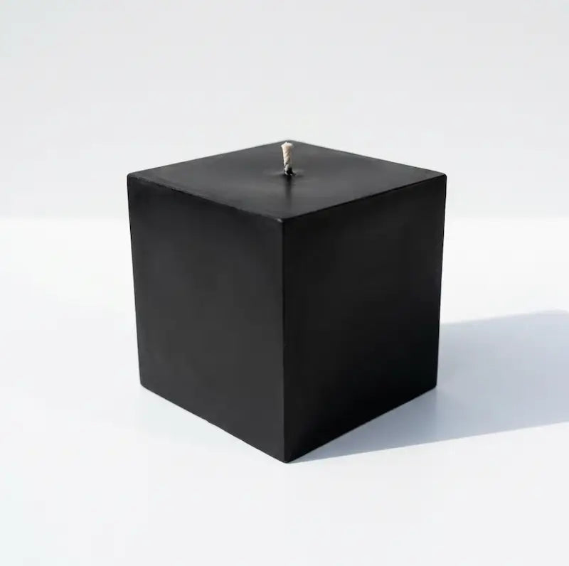 Customisable Candle Extra Large Pillar in black, square shape, 10cm x 10cm, 900g. Perfect for personalizing with fragrance and colour.
