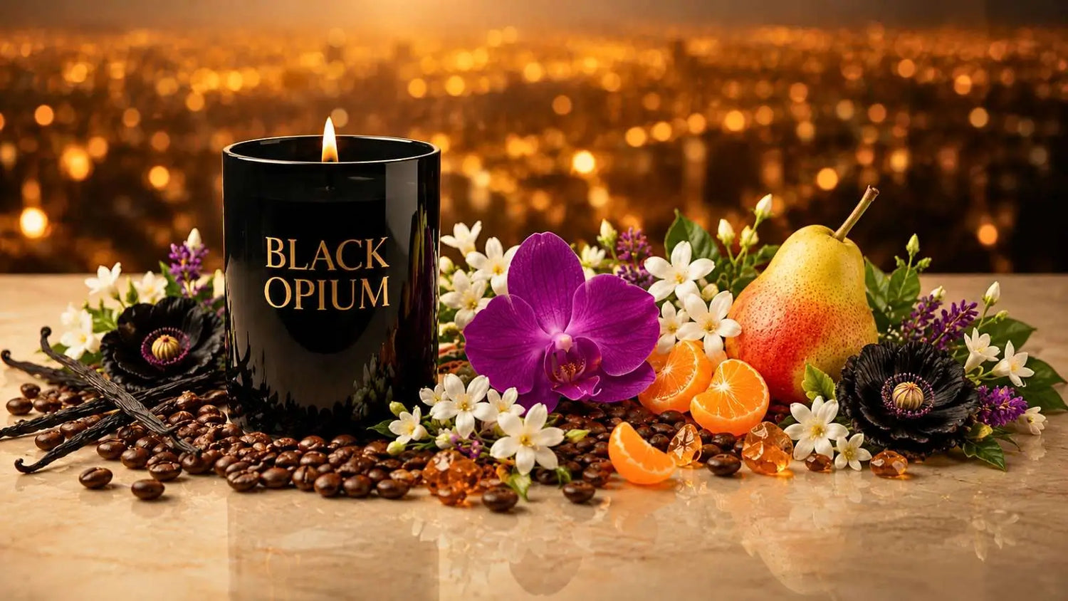 Black Opium candle with flowers, fruits, and spices on a wooden surface with a blurred cityscape background.