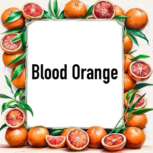 A decorative border of blood oranges surrounding the words 'Blood Orange Candle', highlighting the citrus theme of the scented soy candle.