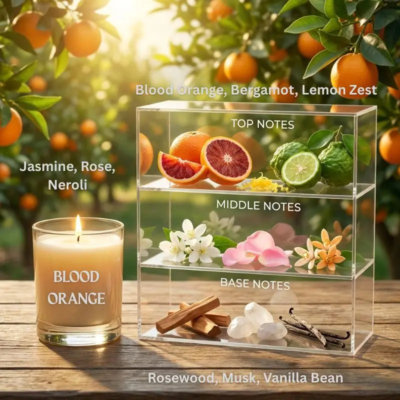 Blood Orange Candle displaying ingredients on a transparent tiered box with an orchard in the background