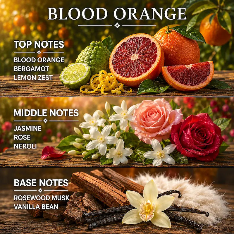 Blood Orange Candle displaying ingredients on a transparent tiered box with an orchard in the background
