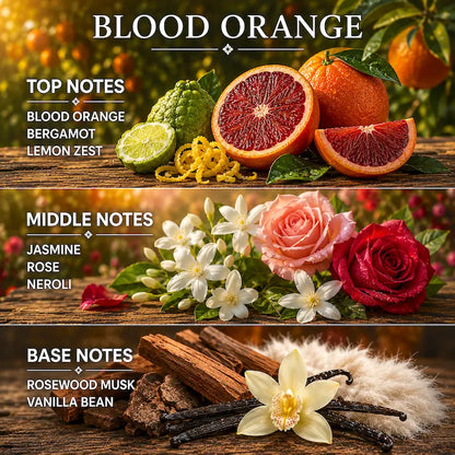 Blood Orange Candle displaying ingredients on a transparent tiered box with an orchard in the background