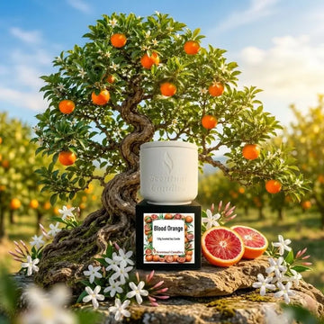 Blood Orange Candle displayed near a blossoming tree with oranges and surrounded by flowers, showcasing invigorating elegance.