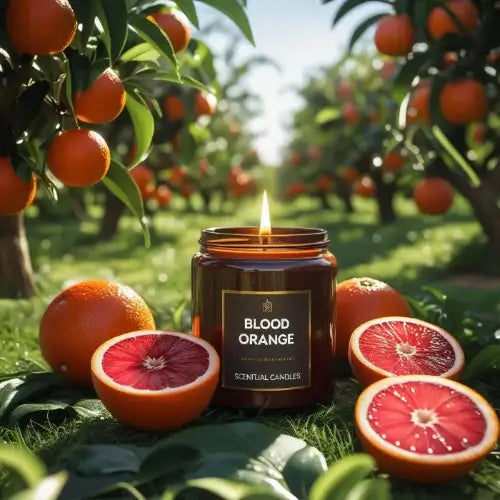 Scentual Candles blood orange candle surrounded by blood oranges in an orchard