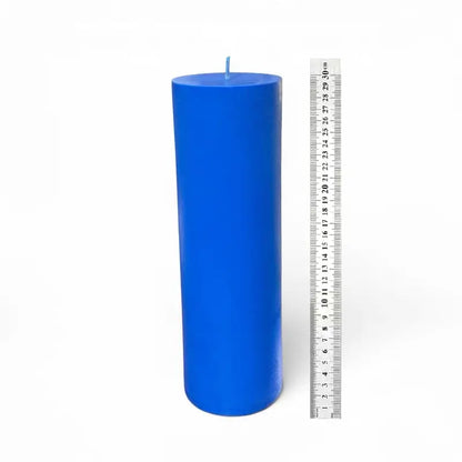 Big Candle in blue color with ruler for size reference, showcasing its impressive height and bold design.