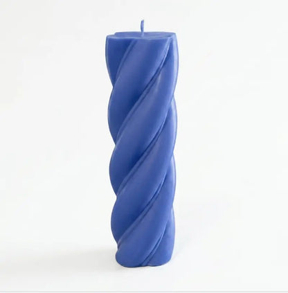 Customisable Candle in blue twist column design, perfect for home decor and personal style.