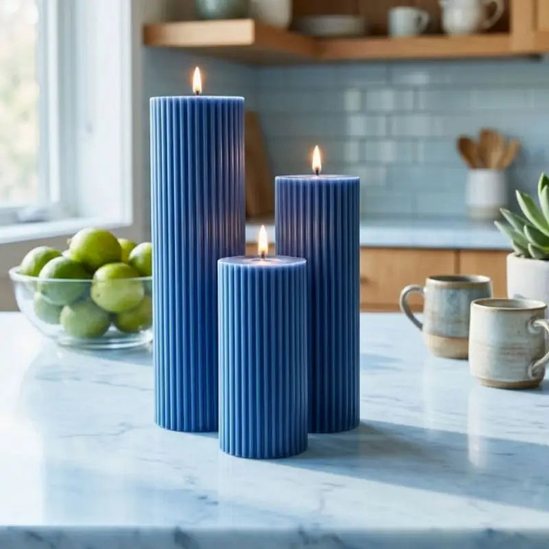 Ribbed Candles - Set of 3 Pillars in blue featuring clean vertical ribbing, ideal for home decor.