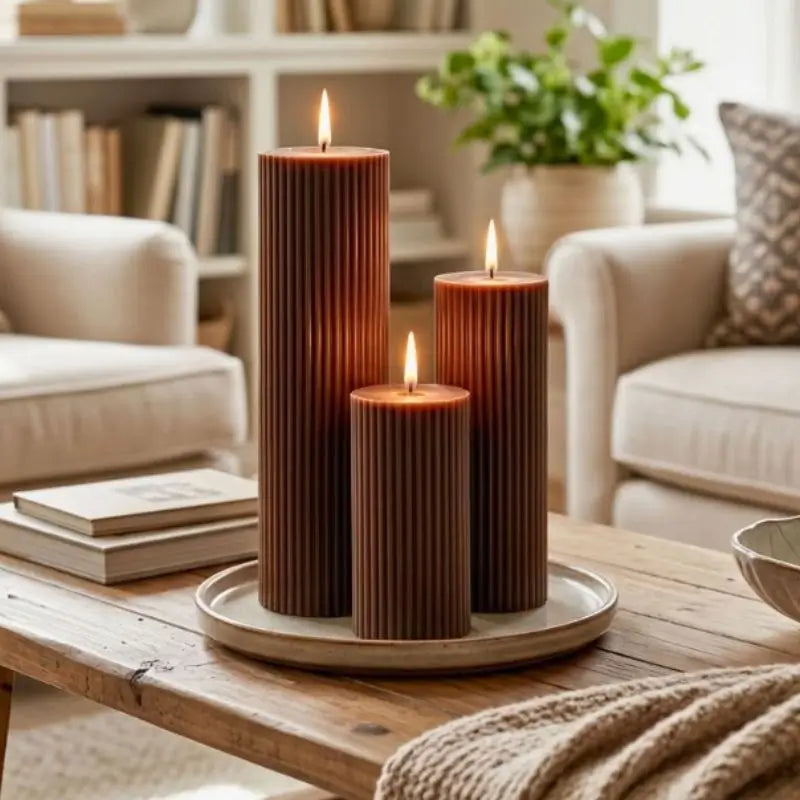 Ribbed Candles - Set of 3 Pillars displayed on a wooden table in a cozy living room.