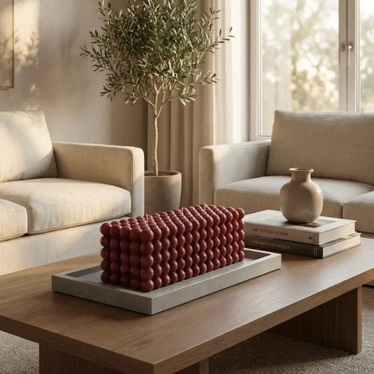 Bubble Candle in a modern living room with beige sofas, a wooden coffee table, and decorative items.