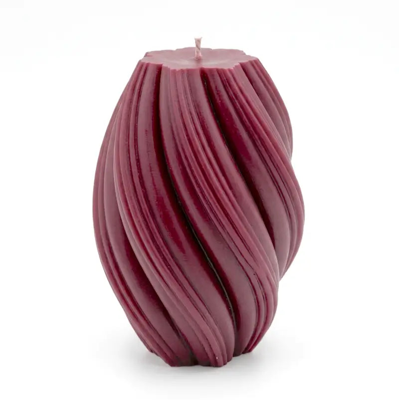 Large Pillar Candle Swirly Shape in deep burgundy color, showcasing its unique sculptural design and handcrafted quality.