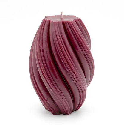 Large Pillar Candle Swirly Shape in deep burgundy color, showcasing its unique sculptural design and handcrafted quality.