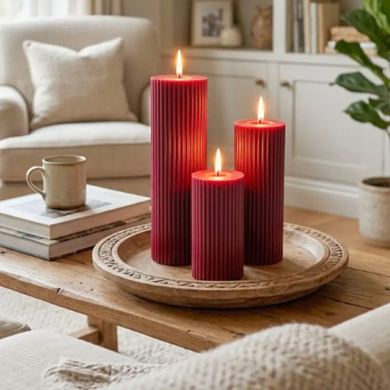 Ribbed Candles set of 3 pillars with warm flames, adding texture and color to a cozy living room decor.