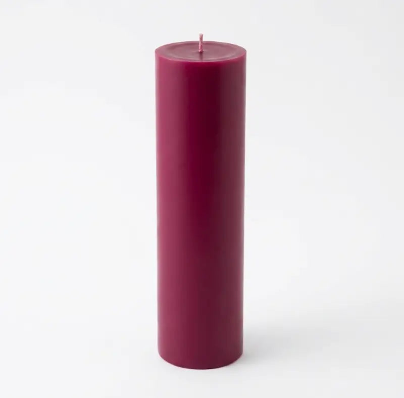 Tall Candle in deep burgundy color, standing 30cm tall and 7cm wide, handcrafted from premium wax blend.