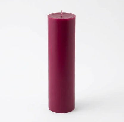 Tall Candle in deep burgundy color, standing 30cm tall and 7cm wide, handcrafted from premium wax blend.