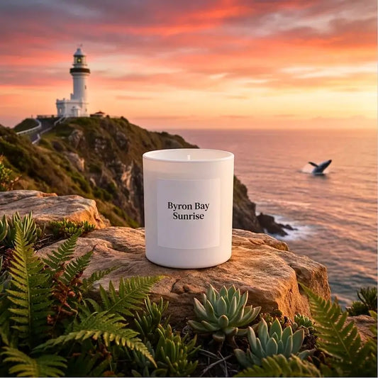 Byron Bay Scented Soy Candle with lighthouse backdrop at sunrise over ocean in Byron Bay.