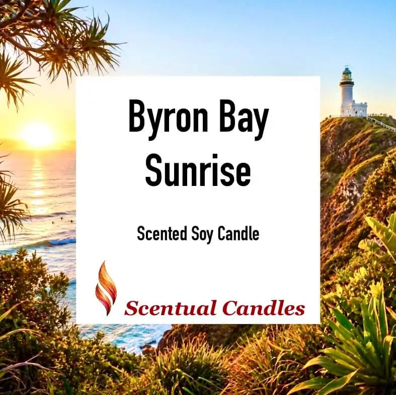 Byron Bay Scented Soy Candle presenting a vibrant sunrise at Cape Byron with lush coastal scenery.