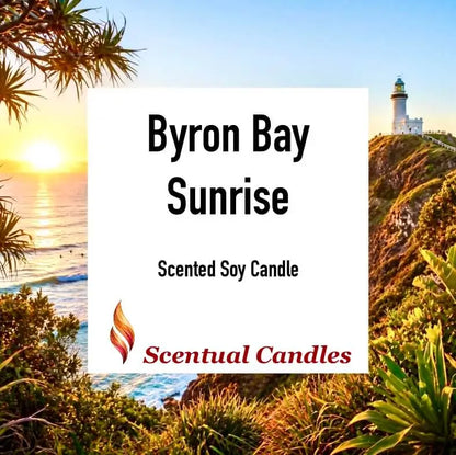 Byron Bay Scented Soy Candle presenting a vibrant sunrise at Cape Byron with lush coastal scenery.