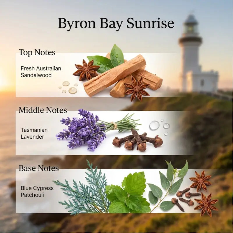Ingredients and fragrance notes of Byron Bay Scented Soy Candle - Byron Bay Sunrise, featuring sandalwood, lavender, and patchouli.