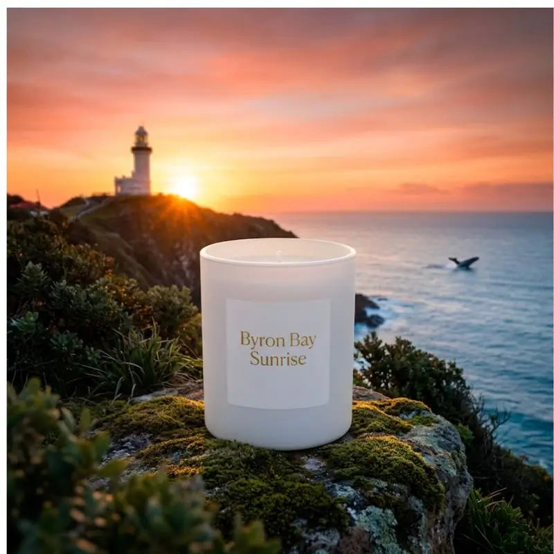 Byron Bay Scented Soy Candle placed on a rocky coastline at sunrise with lighthouse in the background.