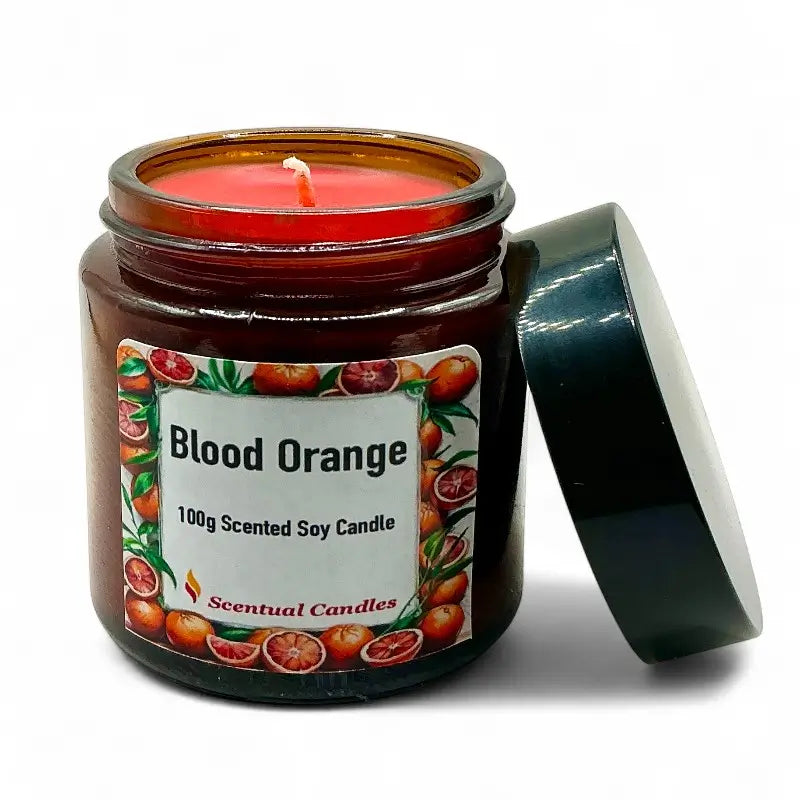 Masculine Candles Blood Orange 100g scented soy candle with open lid, part of the signature scents collection for men.